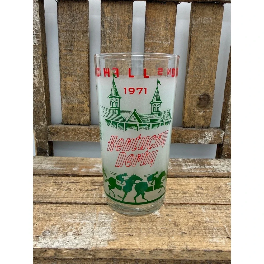 Kentucky Derby Souvenir Glasses Set of 3 1971 Green Red Frosted Excellent 12oz